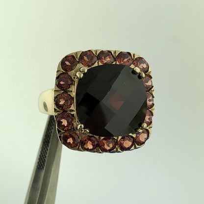 Designer 14K Yellow Gold Cushion Garnet Solitaire Halo January Anniversary Ring