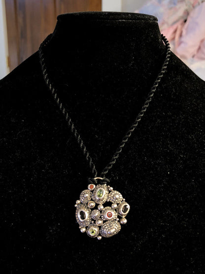 Vintage J 925 Sterling Silver Multi Gemstone Textured Pendant Silk Necklace
