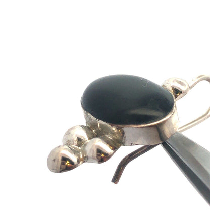 Vintage ATI Mexico 925 Sterling Silver Oval Black Onyx Hook Dangle Earrings
