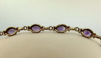 Vintage 10K Yellow Gold Oval Amethyst Panel February Anniversary Tennis Bracelet