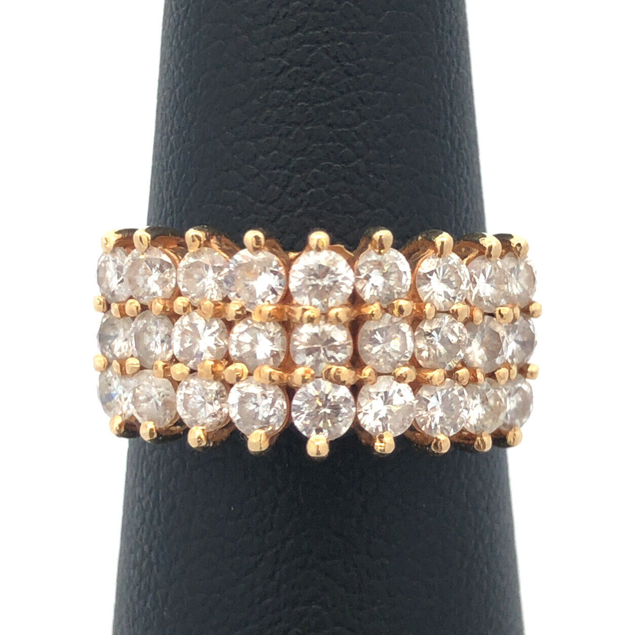 Unique 14K Yellow Gold Round Diamond 3 Rows Cluster Dome Statement Band Ring