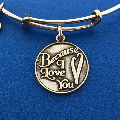 2016 ALEX And ANI Bronze Toned Because I Love You Wire Adjustable Charm Bracelet