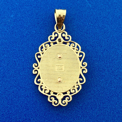 Vintage 10K Yellow White Rose Gold Diamond Oval Filigree Mother Mary Pendant