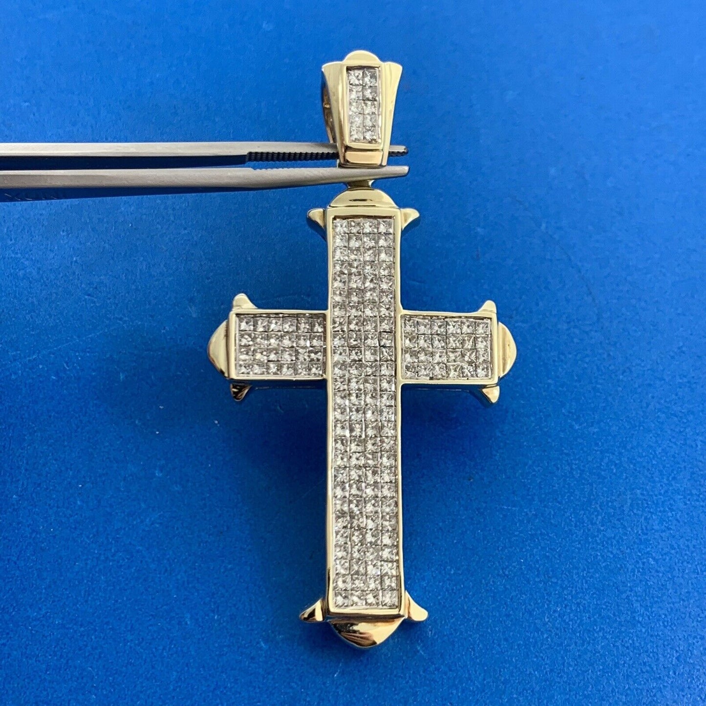 Custom 14K Yellow Gold Princess Diamond Statement Religious Cross Pendant