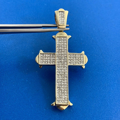 Custom 14K Yellow Gold Princess Diamond Statement Religious Cross Pendant