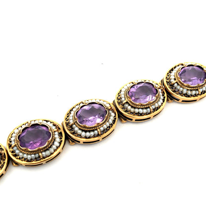 Vintage 14K Yellow Gold Oval Amethyst Seed Pearl Filigree Panel Bracelet