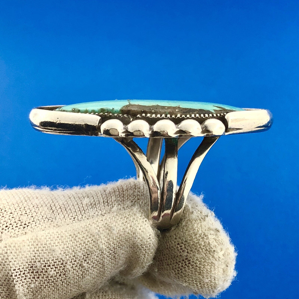 Mid Century Signed Dated Native American Sterling Silver Turquoise Finger Ring