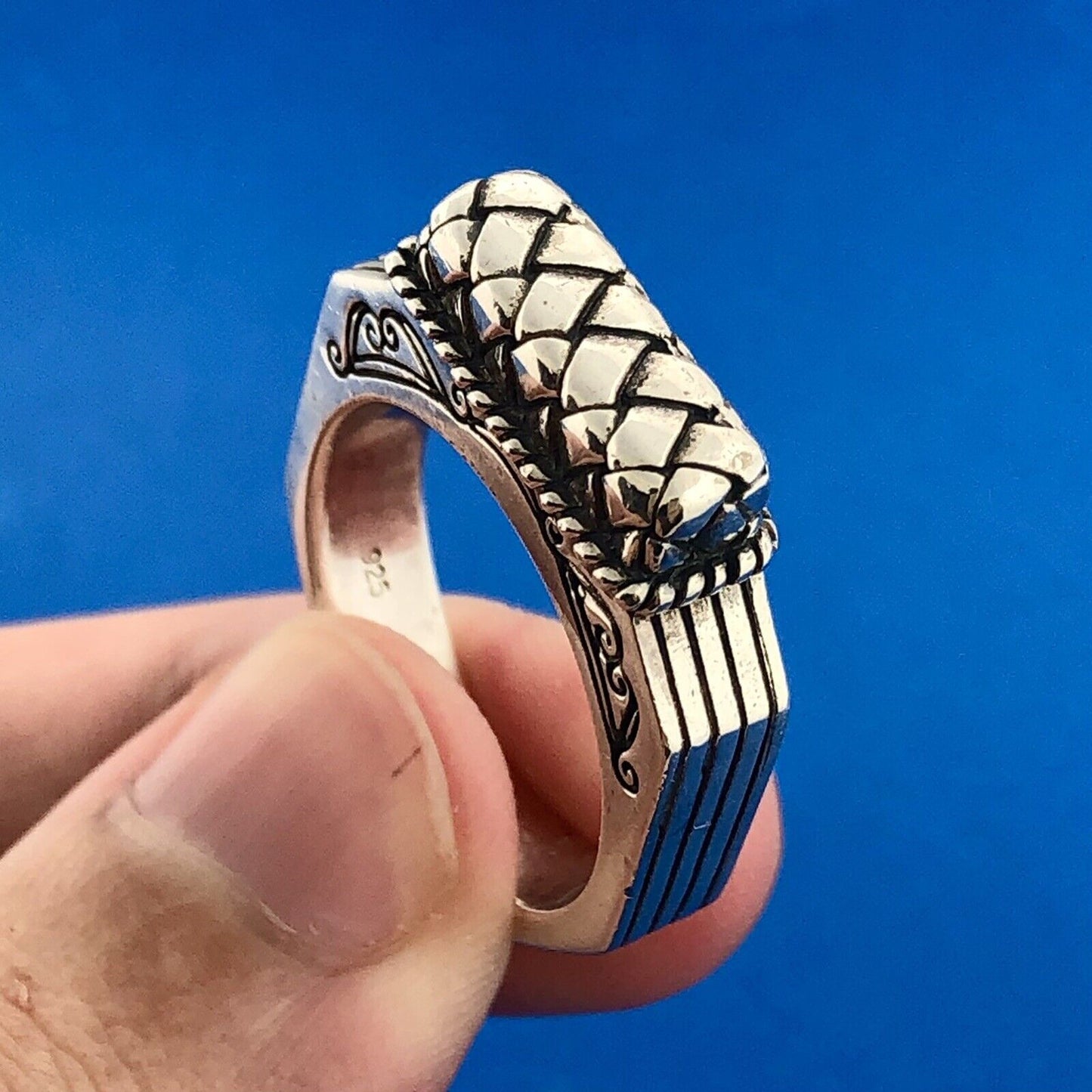 Designer 925 Sterling Silver Architectural Scroll Bar Dome Ring