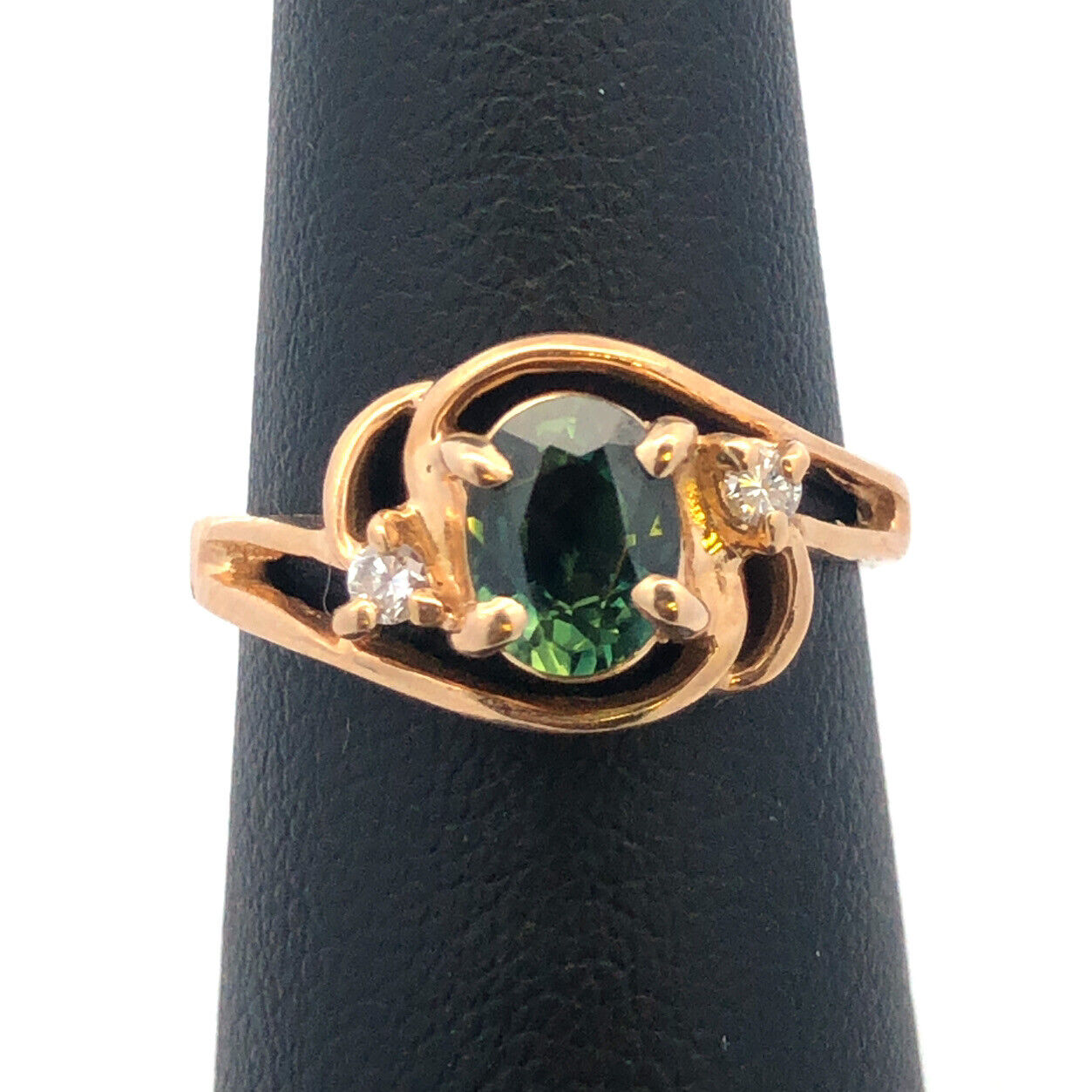 Estate 14k Yellow Gold Green Sapphire Diamond Accent Openwork Anniversary Ring