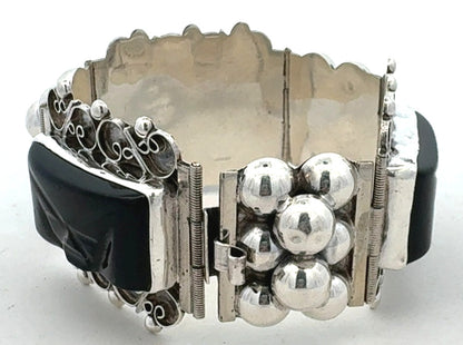 CBR Taxco Mexico 925 Sterling Silver Carved Black Onyx Statement Panel Bracelet