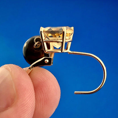 Vintage 14K Yellow Gold Citrine Solitaire Tigers Eye Ball Drop Dangle Earrings