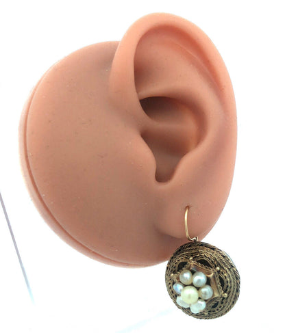 Mid Century 14K Yellow Gold Pearl Cluster Bird Nest Statement Drop Earrings