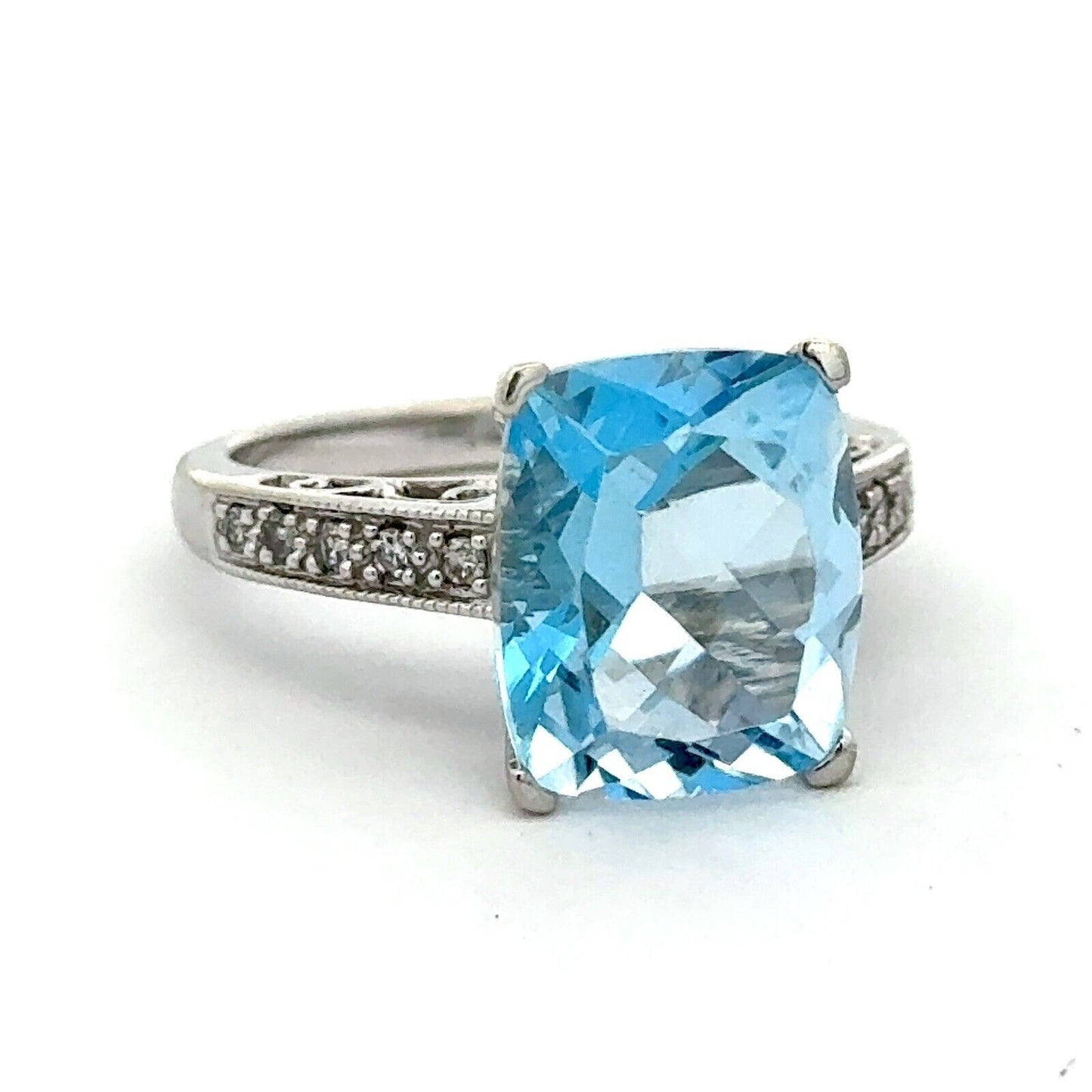 Designer 14K White Gold Radiant Cushion Cut Blue Topaz Diamond Accented Ring