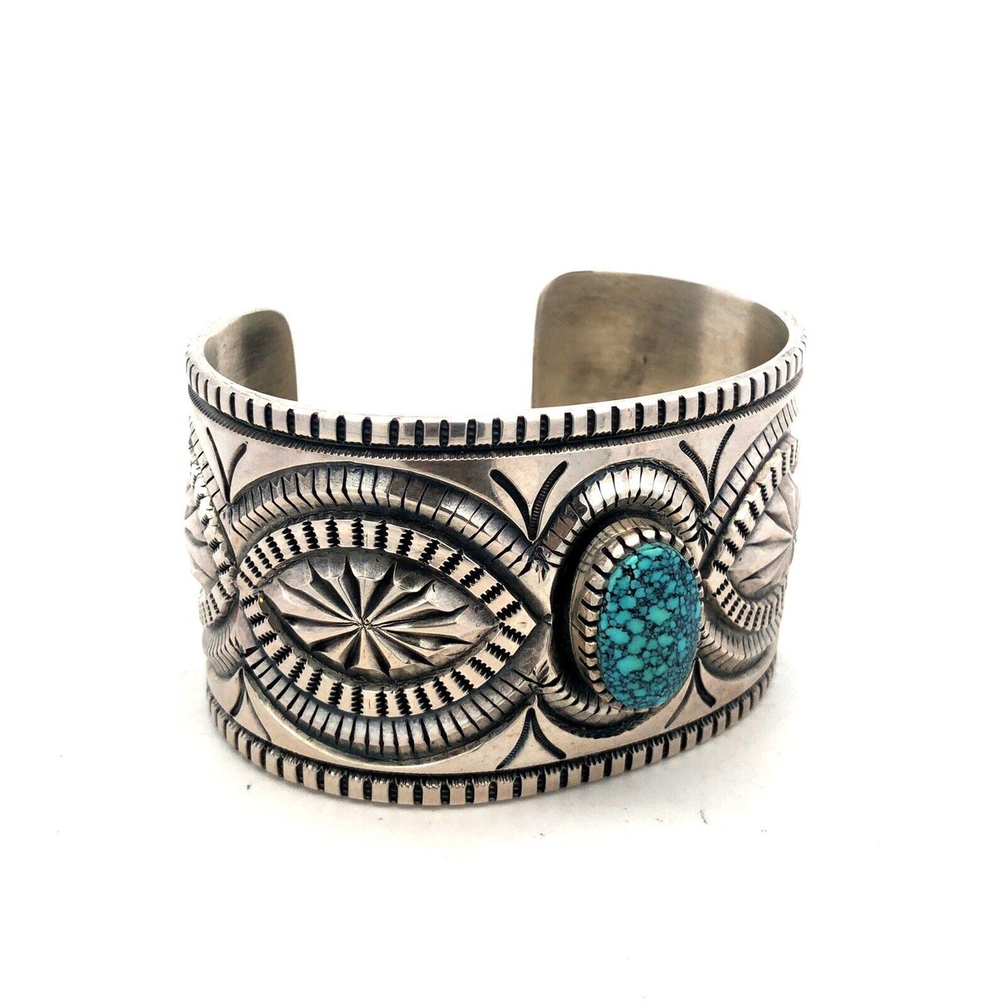 Native American Picto Signed Sterling Silver Turquoise Statement Cuff Bracelet