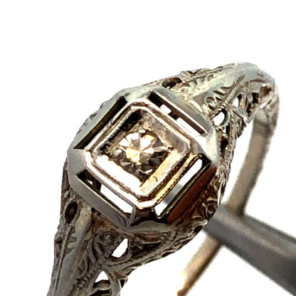 Vintage Art Deco 14K White Gold Round Diamond Filigree Square Engagement Ring