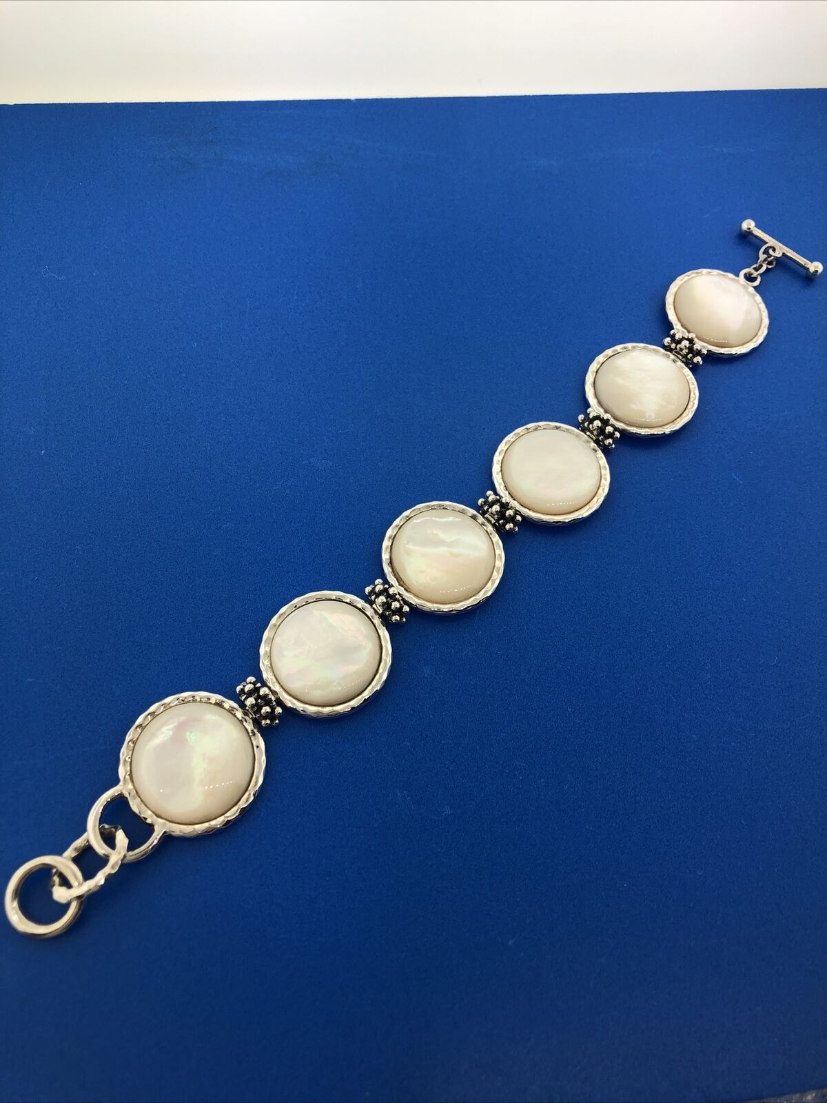 Designer Sterling Silver Mother Of Pearl Disc Panel Statement Toggle Bracelet