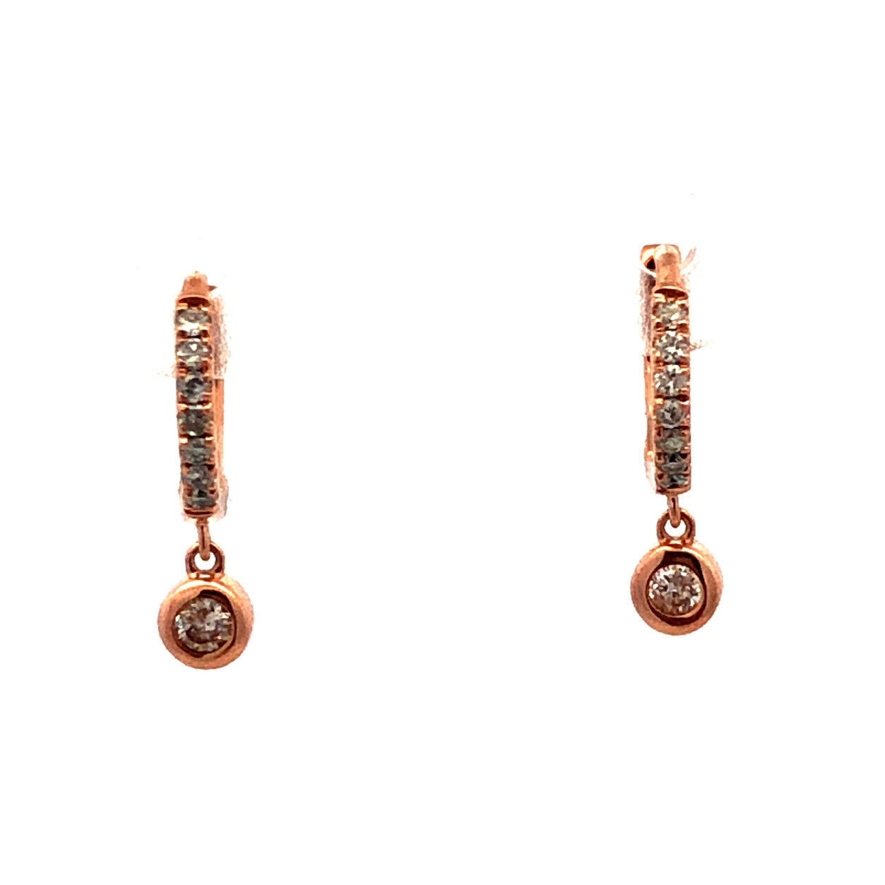 14KT Rose Gold Round Diamond Tiny Hinged Huggie Hoop Dangle Earrings