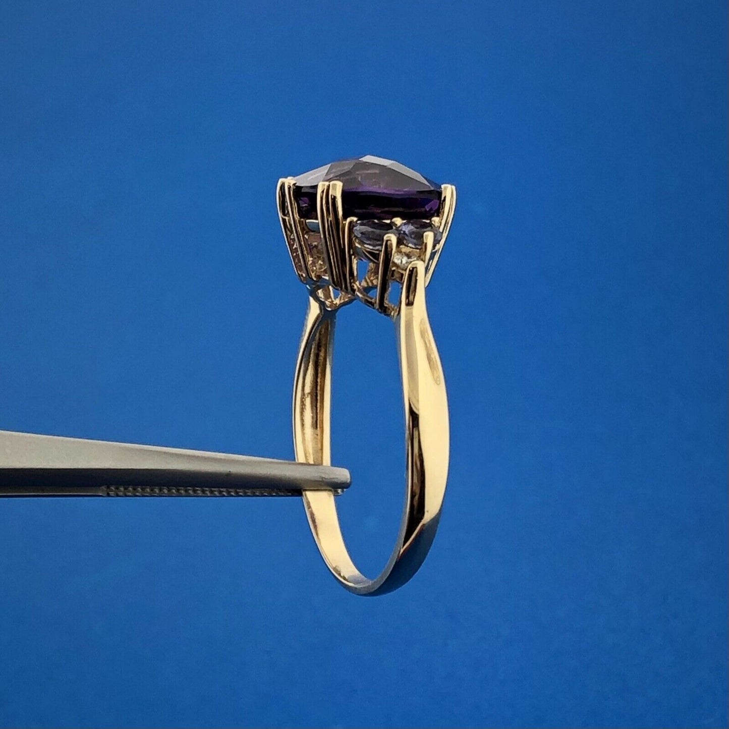Designer 14K Yellow Gold Amethyst Tanzanite Diamond February Anniversary Ring