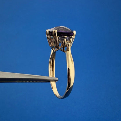 Designer 14K Yellow Gold Amethyst Tanzanite Diamond February Anniversary Ring
