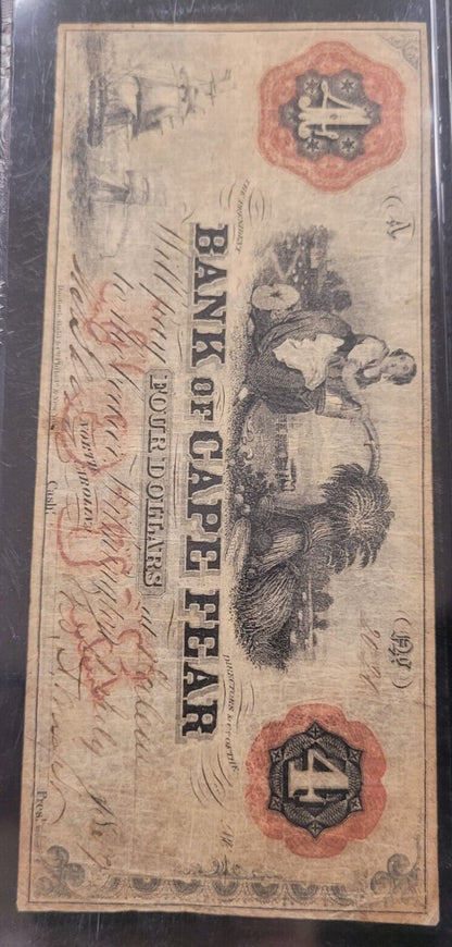 1859 $4 PMG VF20 Bank of Cape Fear, Salem, North Carolina Obsolete Bank Note