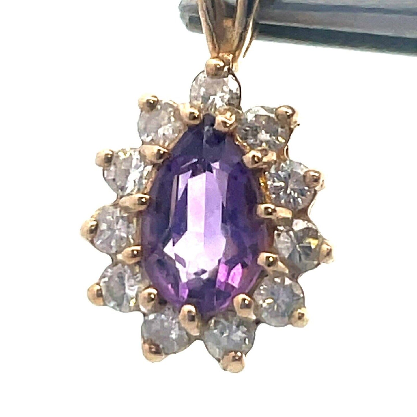Vintage Designer 14K Yellow Gold Pear Amethyst Diamond Halo Teardrop Pendant