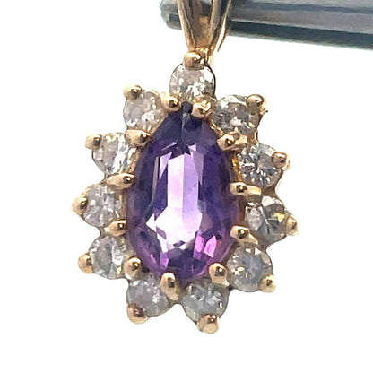 Vintage Designer 14K Yellow Gold Pear Amethyst Diamond Halo Teardrop Pendant