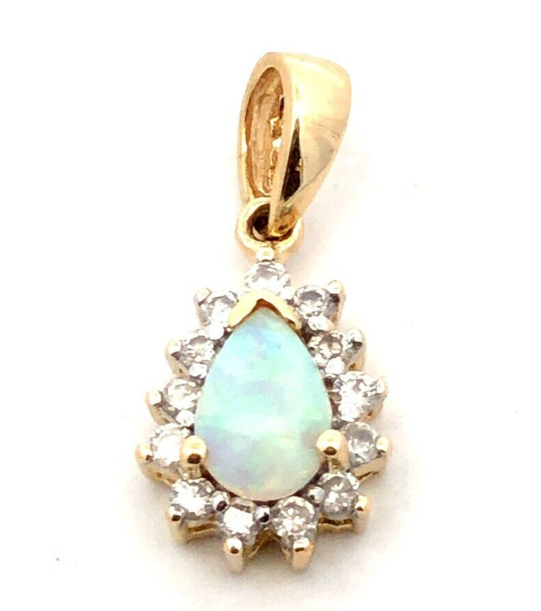 Designer EC 14K Yellow Gold Pear Cut White Opal Diamond Halo Pendant