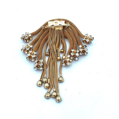 Mid Century Gold Tone Rhinestone Mesh Chain Statement Brooch Earrings 3 Pc Set