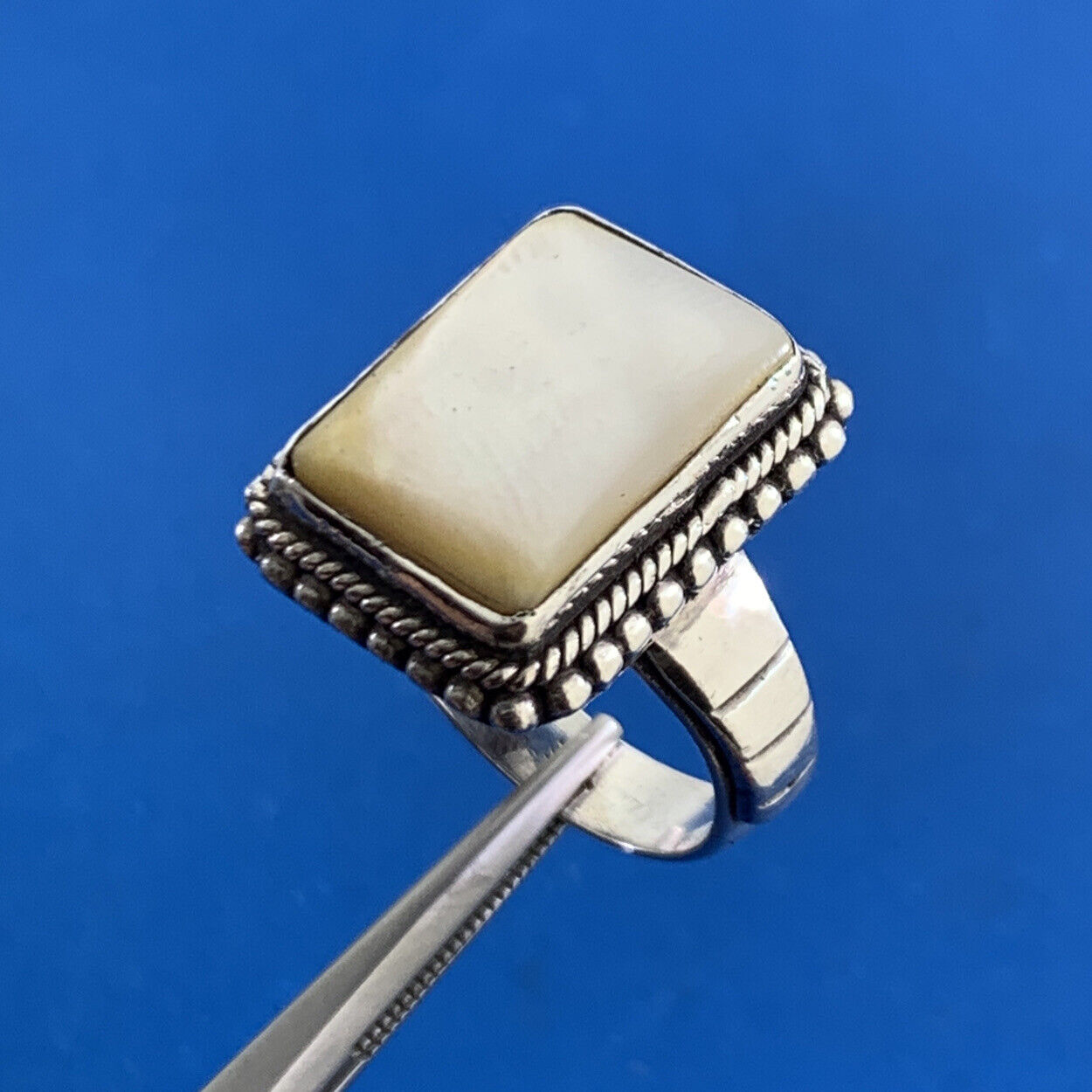 Vintage Mother of Pearl 925 Sterling Silver Rectangle Statement Ring