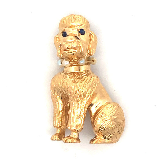 Vintage Designer 14K Yellow Gold Sapphire Seed Pearl Poodle Pin Pendant