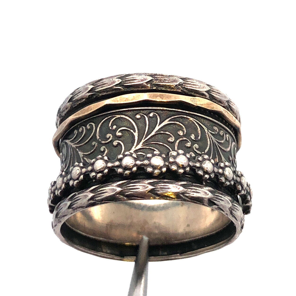 925 Sterling Silver 9K Yellow Gold Scroll Wide Cigar Band Ring