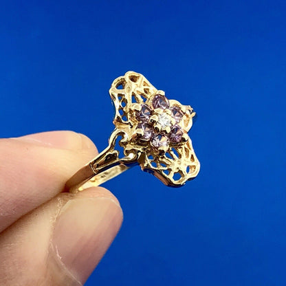 Exquisite Art Deco 10K Yellow Gold Diamond Amethyst Floral February Ring