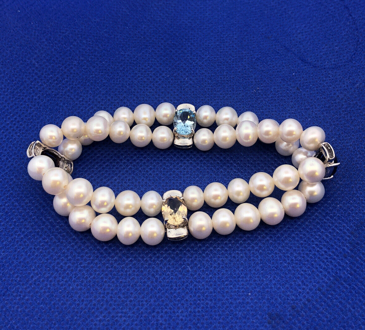 Vintage 925 Sterling Silver Blue Topaz Amethyst Garnet Pearl Beaded Bracelet