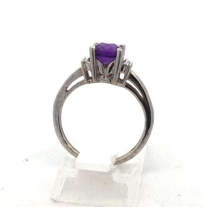 14K White Gold Cushion Cut Amethyst Diamond February Birthstone Anniversary Ring