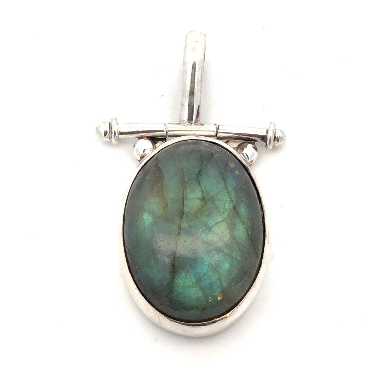 Vintage 925 Sterling Silver Oval Cabochon Labradorite Statement Pendant