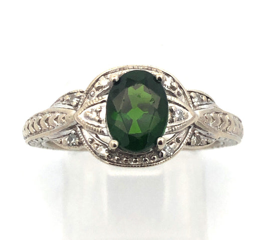 Designer RT 14K White Gold Oval Green Tourmaline Diamond Accented Ring