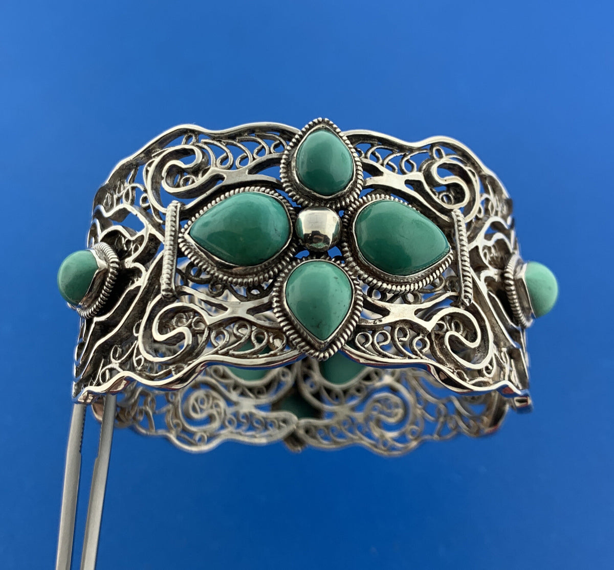 Designer Sterling Silver Turquoise Open Filigree Statement Hinged Cuff Bracelet
