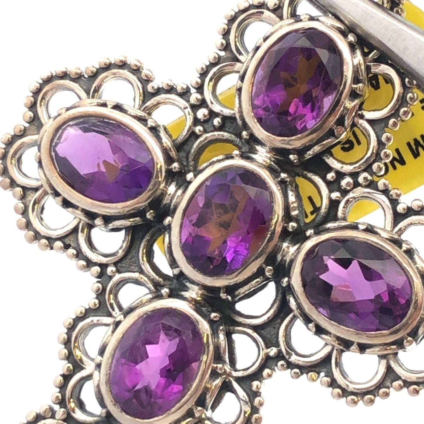 Designer DJoy 925 Sterling Silver Oval Amethyst Beaded Detail Cross Pendant
