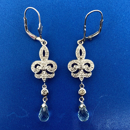 Designer EA Sterling Silver 925 Diamond Blue Topaz Fleur De Lis Drop Earrings
