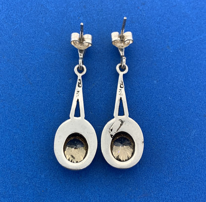 Art Deco Artisan 925 Sterling Silver Citrine Marcasite Drop Dangle Earrings