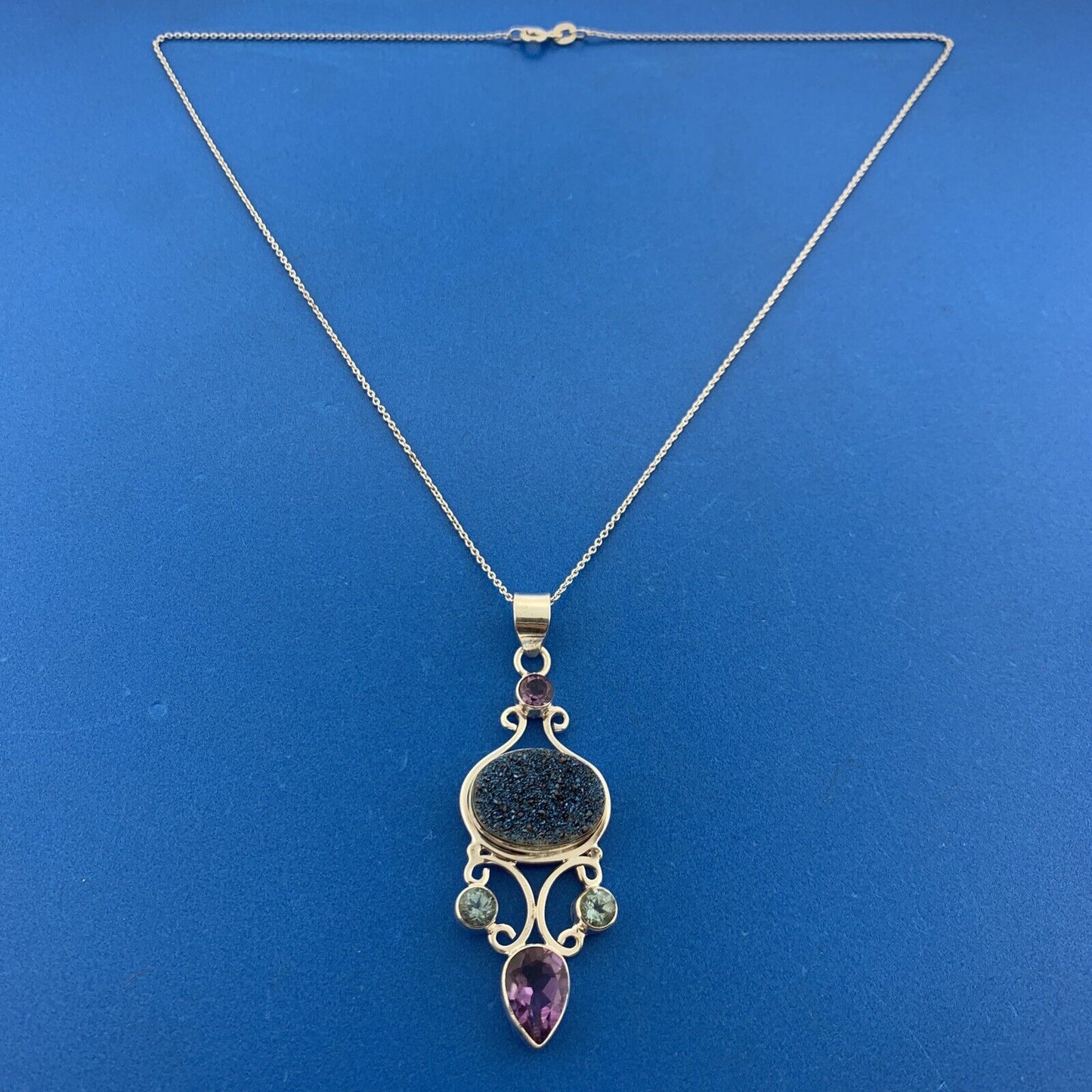Sterling Silver 925 Amethyst Blue Topaz Drusy Quartz Statement Pendant Necklace