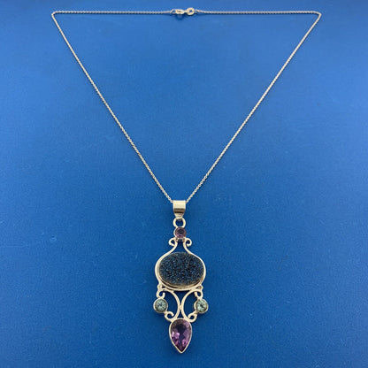 Sterling Silver 925 Amethyst Blue Topaz Drusy Quartz Statement Pendant Necklace