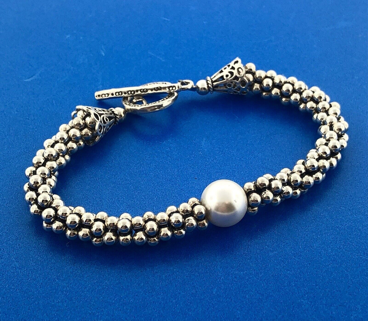 Elegant 925 Sterling Silver Pearl Solitaire Ball Bead Snake Toggle Bracelet