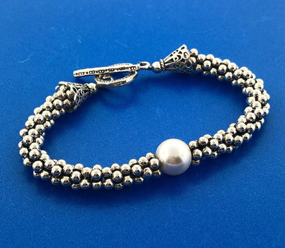 Elegant 925 Sterling Silver Pearl Solitaire Ball Bead Snake Toggle Bracelet