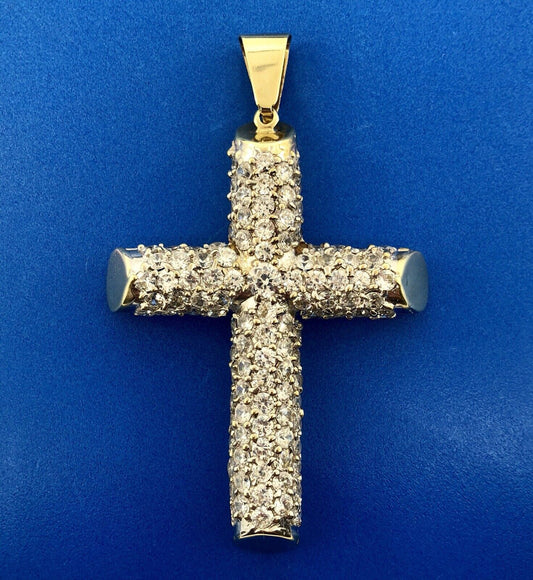 Statement 10K Yellow Gold Cubic Zirconia Encrusted Cross Religious Pendant