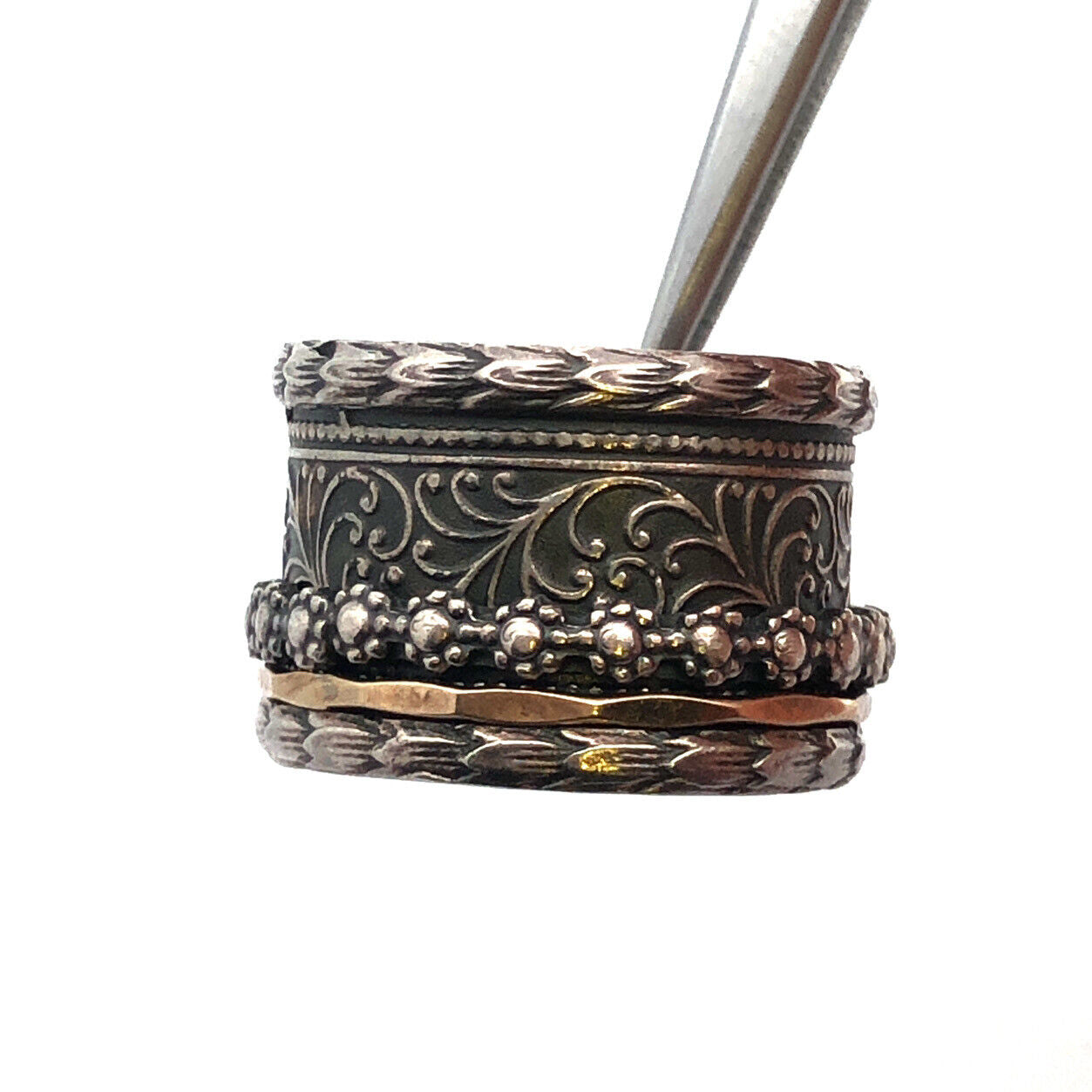 925 Sterling Silver 9K Yellow Gold Scroll Wide Cigar Band Ring