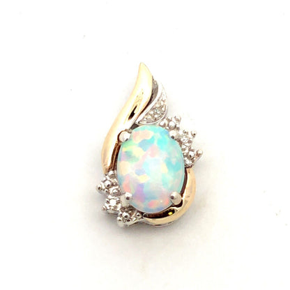 Designer 925 Sterling Silver 10K Gold Opal Diamond Petite Pendant