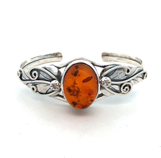 Vintage 925 Sterling Silver Oval Amber Leaves Nature Cuff Bracelet