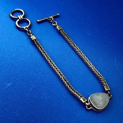 Vintage Sterling Silver 925 Trilliant Opal Cabochon Wheat Link Toggle Bracelet