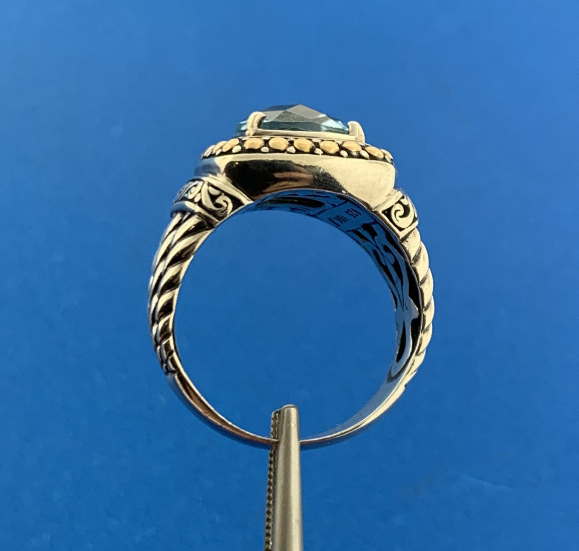 Designer 925 Sterling Silver 18K Yellow Gold Blue Topaz Balinese Style Ring